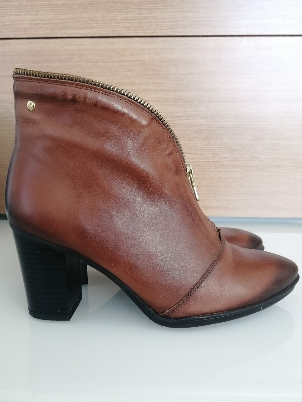 Pikolinos Leather Zip Booties 3" Block Heel Cognac Brown Size 38 (7.5-8 US)